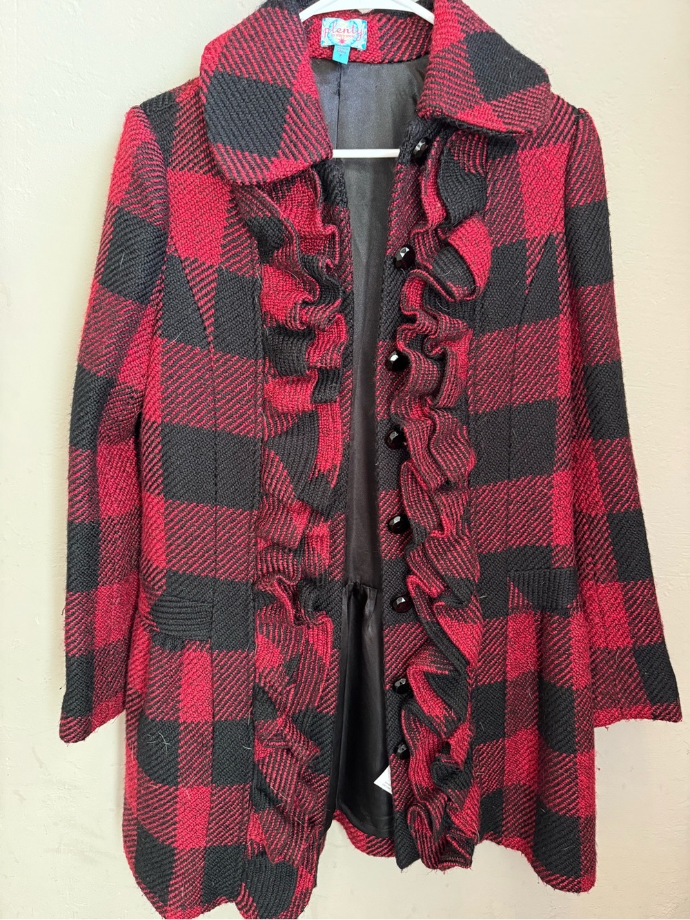 Red and Black Plaid Ruffle Front Sweater Coat from Anthropologie
